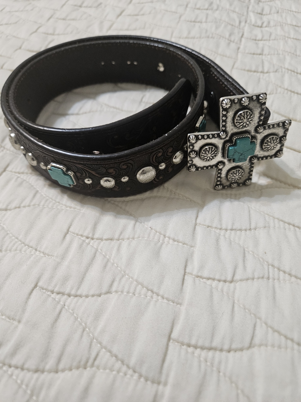 Ariat Women's Brown Tooled Leather Belt with Turquoise Cross Buckle